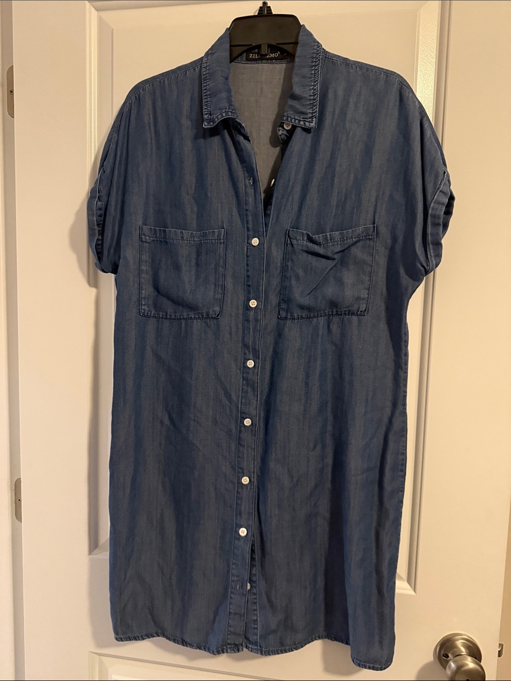 Zilcremo Women’s Denim Midi Shirt Dress - Blue-size L